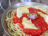Spaghettis sauce tomates aux coeurs d’artichauts