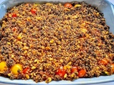 Aubergines et courgettes rôties, crumble au chorizo