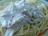 Tour en cuisine : spaghetti aux lardons, champignons et fromage ail et fines herbes