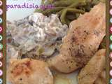 Aiguillettes de poulet au poivre champignons crémeux et haricots verts persillés