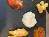 Aiguillettes de poulet romarin à la tomate parmesane et son riz ratatouille