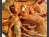 Spaghettis sauce rouge aux poivrons verts et lardons