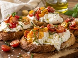 Bruschetta tomates cerises, burrata et basilic