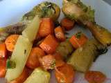 Poulet à l'oignon nouveau, gingembre accompagné de carottes et pommes de terre