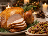 Dinde rôtie farce marrons : peau dorée, chair juteuse