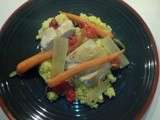 « Couscous » de poulet au safran, tomates confites, carottes et céleri au cumin
