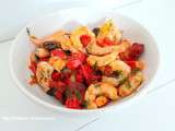 Crevettes sautées aux poivrons, chorizo, olives, aneth (Shrimp sauteed with peppers, chorizo, olives, dill)