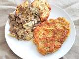 Escalopes de veau panées basilic et parmesan et garniture de champignons et pain perdu salé