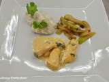 Poulet mariné au citron vert, purée de taro et chayotte poêlée au miel et baies roses (Chicken marinated in lime, taro puree and chayote fried with honey and pink peppercorns)
