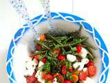 Salade de haricots verts, tomates cerises, feta et mozzarella (Salad of green beans, cherry tomatoes, feta and mozzarella)