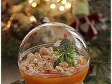 Boule de Noël gourmande: Panna cotta vanille, gelée de clémentines, débris de meringues vanille