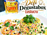 Flan de coquillettes curry, crevettes petits pois et lait de coco