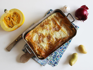 Gratin de pommes de terre, courgettes, mozzarella en pâte filo