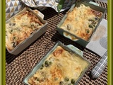 Petits gratins aux champignons, petits pois et thon