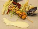 Brochette de moules, sauce Sabayon à la Westmalle, choux de Bruxelles et jeunes oignons en Tempura