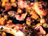 Poulet aux figues, patates douces, aubergines et noix de pécan