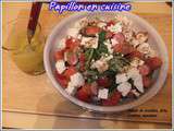 Salade de lentilles, féta, tomates, saucisses
