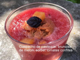 Gaspacho de pastèque, sorbet de tomates confites