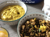 Houmous mangue-curry, graines de courge au tamari