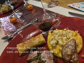 Magret de canard miel-thym-porto, nem de cuisse de canard confite, foie gras poelé, purée de patate douce, céleri rave