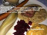 Noisette de chevreuil, sauce cognac-café, purée butternut-châtaigne, chicon braisé et carotte glacée