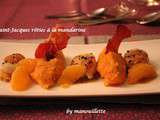 Saint-Jacques rôties à la mandarine, purée fine carottes-patate douce, chips de jambon fumé et caramel de mandarine