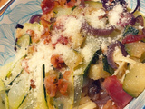 Spaghettis, courgettes en deux textures, pancetta