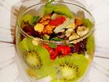 Bol gourmand  yaourt + kiwi - baies de goji, cranberry, raisin secs - fruits secs à la confiture et sirop de gingembre