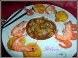 Gambas sur un lit de nouilles, vermicelles chinoises et sa bisque de homard