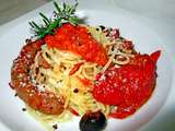 Pâtes spaghetti au confit de poivrons rouges, merguez et épices