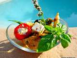 Salade de pâtes très Provençale, sauce basilic, confit 3 légumes, cubes de fromage, mini poivrons et poulet fermier