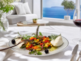Salade froide aux poivrons cuits, tomates, oignons, olives noires, herbes de Provence et mozzarella