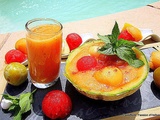 Soupe froide de melon/ pastèque / mirabelles / prunes / miel et poudre de baobab