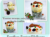Verrines Oréo, mousse, banane, fruits confits,, caramel