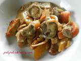 Sauté de veau en lanières accompagné de deux sortes de carottes et champignons des bois crème