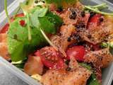 Salade à base de feuilles de Pourpier, saumon fumé, lentilles noires, avocat et tomates