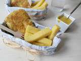 Fish & chips de cabillaud, frites de polenta et mayonnaise miel curry