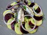 Salade tiede d'amandine betteraves & sardines millesimees, vinaigrette de poulsard