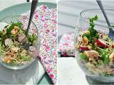 Salade de quinoa, saumon grillé, radis et graines germées