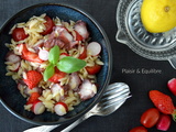 Salade d’orzo, fraises, tomates et poulpe
