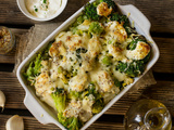Gratin de chou-fleur, choux romanesco et brocoli, sauce moutarde et crème