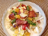 Salade d'endives aux asperges vertes, comté, foies de volaille et gnocchis stars