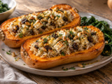 Cette butternut farcie cache un riz citronné sous sa feta dorée