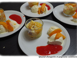 Clafoutis destrusture abricots/basilic, coulis de fraises et glace vanille