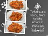 Tortellinis à la viande, sauce tomate, lardons et petits pois