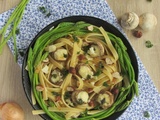 Linguine aux asperges sauvages, noisettes et champignons de Paris farcis à la tomme de Savoie