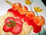 Brochette de Gambas et coulis de Fraise