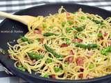 Poêlée de spaghettis au lardons, petits pois et asperges vertes