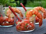 Salsa de tomates et échalotes, gambas marinés aux saveurs créoles