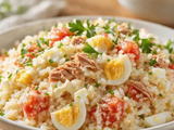 Salade de riz au thon, tomates, œufs, mayonnaise